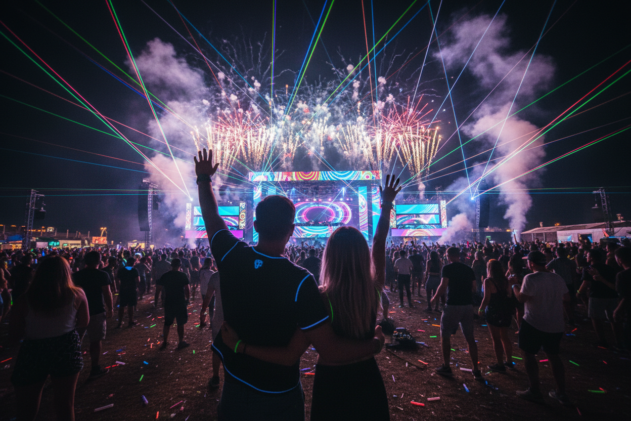 Elektronisches Musikfestival nachts, aus der Perspektive eines Fotografen hinter zwei Personen, die einander umarmen, jeder hebt einen Arm in die Luft (links und rechts), Menschenmenge und bunte Laser vor ihnen, neonfarbener Rauch, Feuerwerk im Hintergrund, energiegeladen, realistisch-stylisiert, Panorama für

Website-Footer.