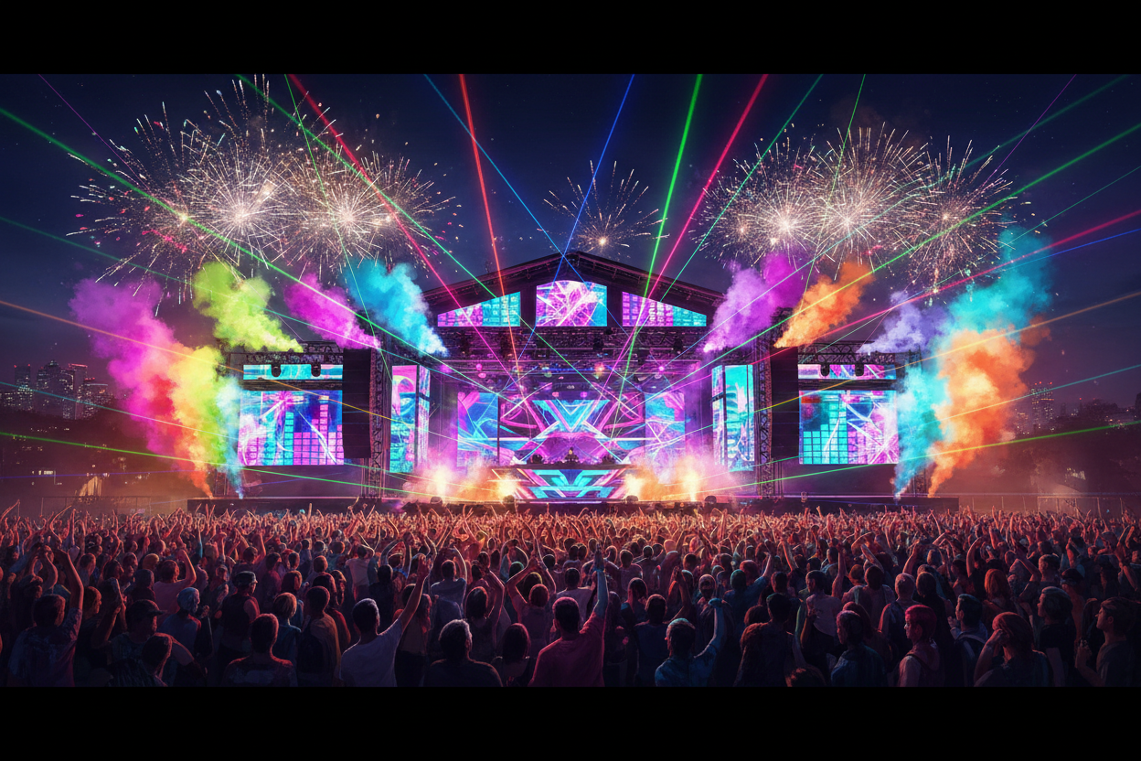 Elektronisches Musikfestival nachts, Menschenmenge tanzend, bunte Laserstrahlen über der Bühne, neonfarbener Rauch, große LED-Bildschirme, Feuerwerk im Hintergrund, atmosphärisch, energiegeladen, realistisch-stylisiert, Panorama für Website-Hero.“